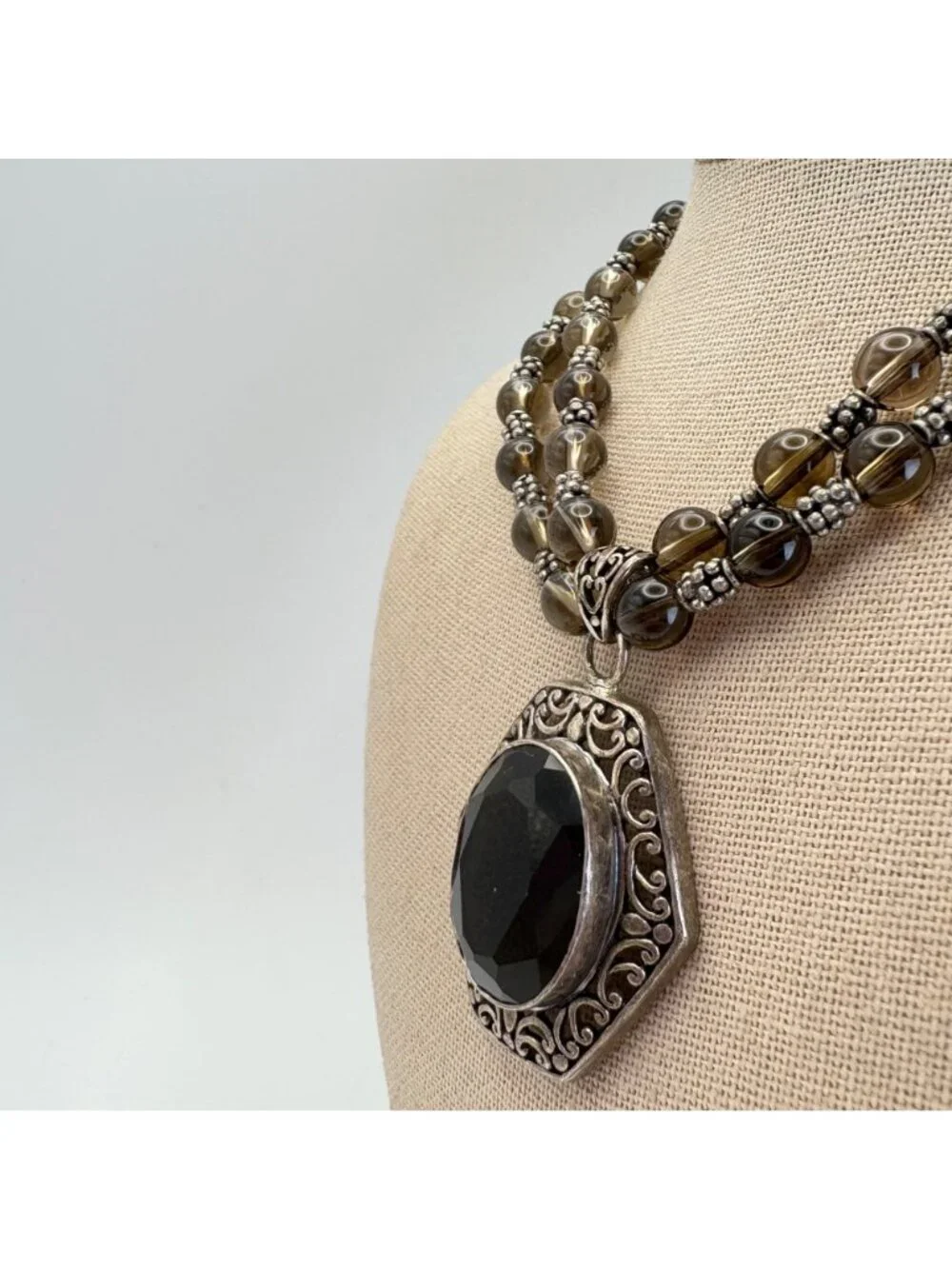 Smoky Quartz Beaded Sterling Silver 925 Necklace 16